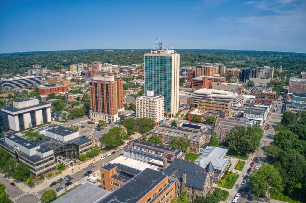 An aerial shot of downtown Ann Arbor, Michigan